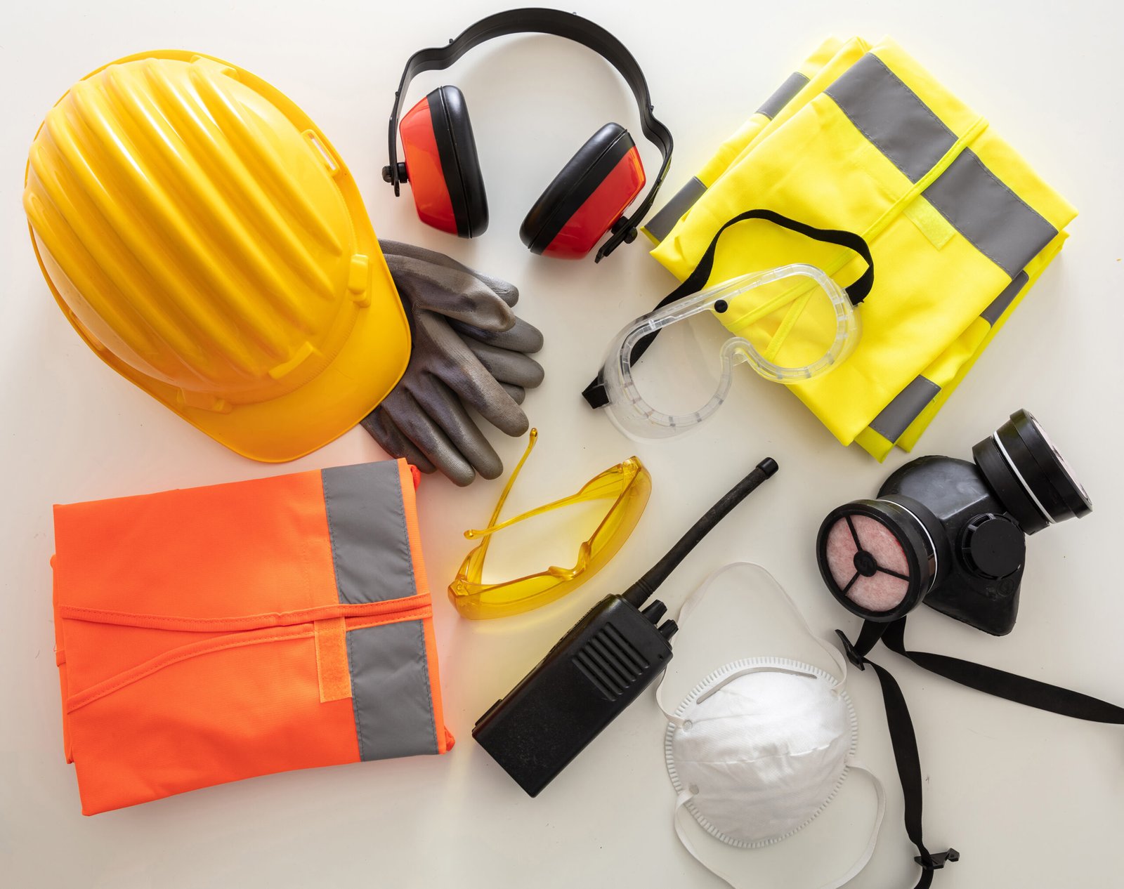 Work safety protection equipment background. Industrial protective gear on white Implementos de seguridad